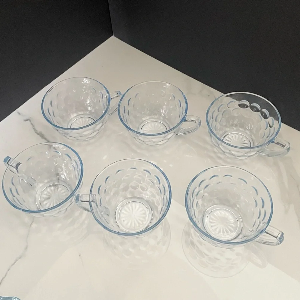 11 Piece SET - Blue Bubble Glass Cups & Saucers by Anchor Hocking